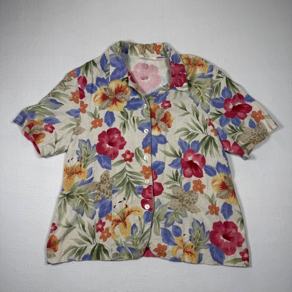Alfred Dunner Tops - Alfred Dunner vintage Floral Linen Blend Button Down Shirt Tropical Hawaiian 14